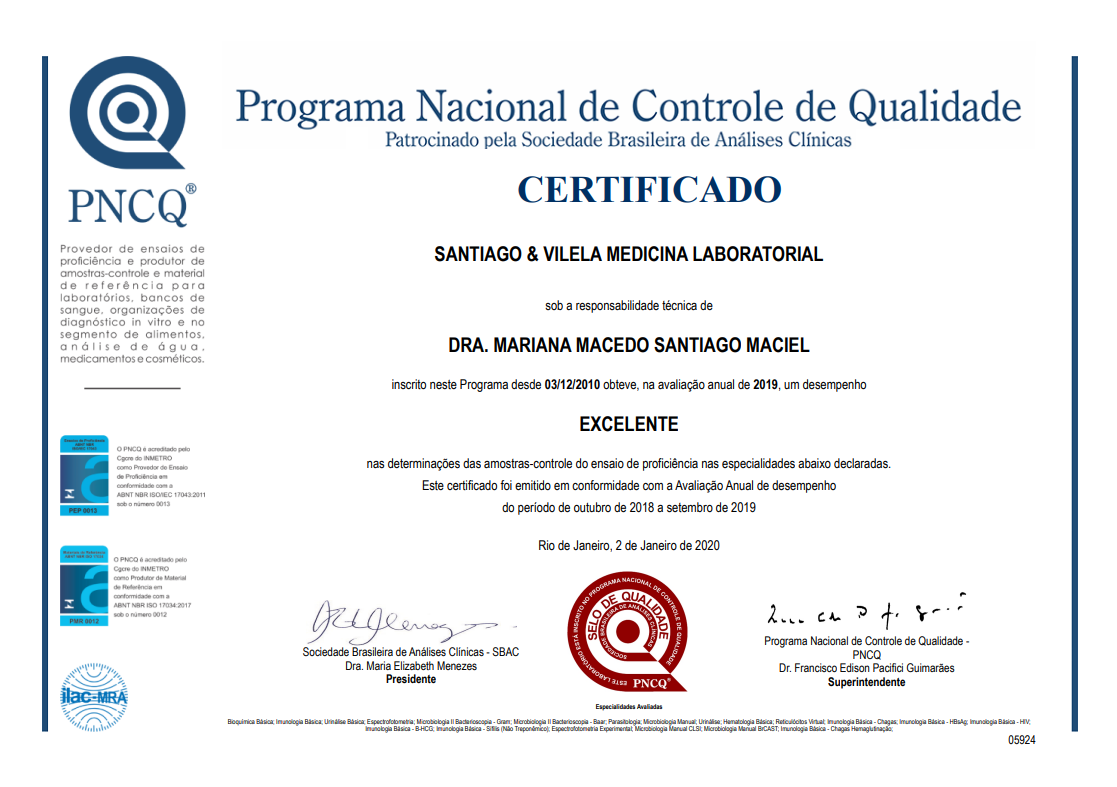 Certificação de excelencia laboratorio Santiago e Vilela