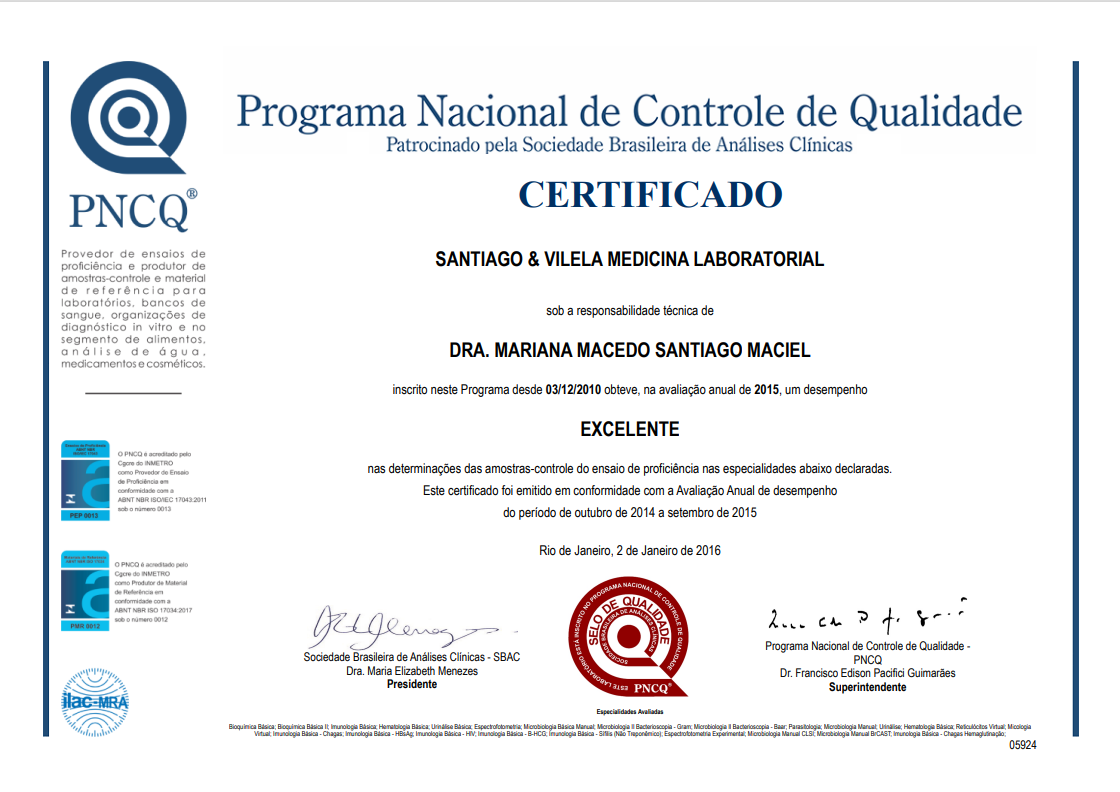 Certificação de excelencia laboratorio Santiago e Vilela