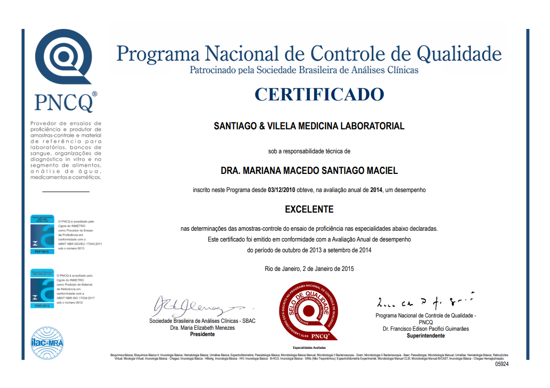 Certificação de excelencia laboratorio Santiago e Vilela