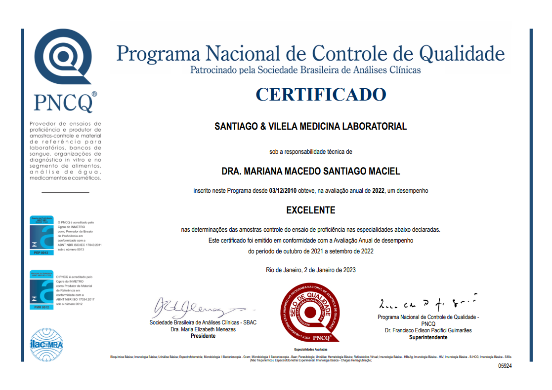 Certificação de excelencia laboratorio Santiago e Vilela